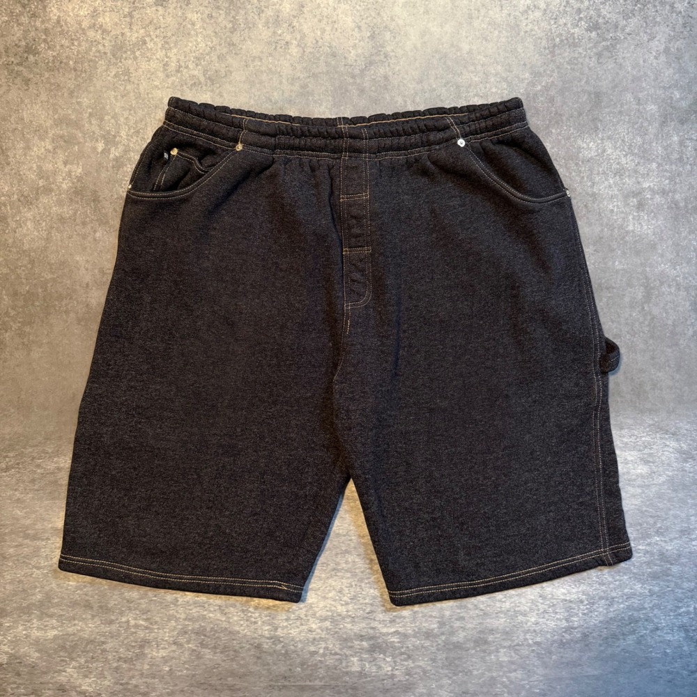 Y2K Men's 2XL Baggy‎ Navy Blue Fleece Carpenter Jean Sweat Shorts Elastic Waist